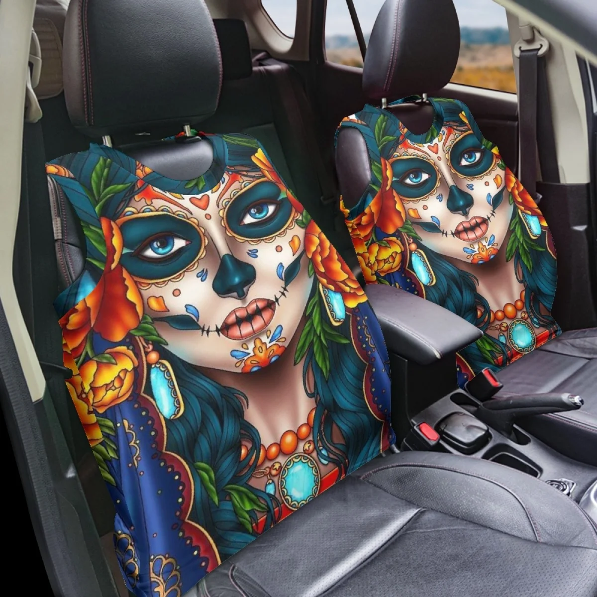 Vehicle Vest Seat Covers Day of the Dead Gothic Girls 2Pcs Seat Cover Fit Most of Truck Van Front Seat Wholesale Car Accessories