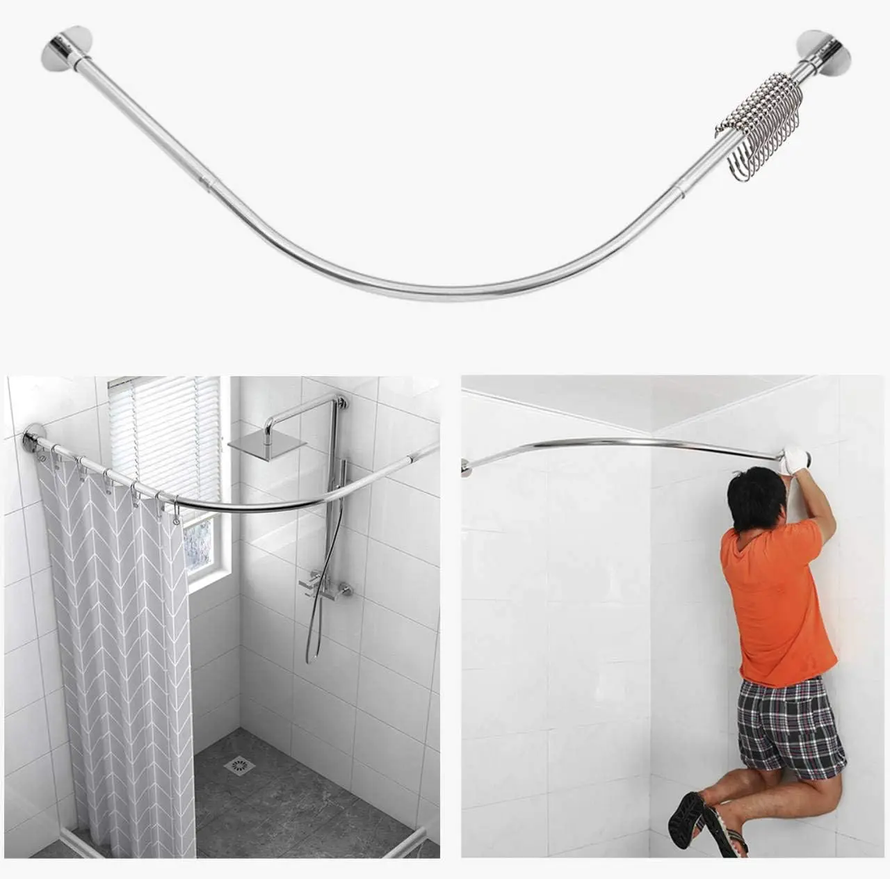 

Corner Shower Curtain Rod Adjustable Stainless Steel L Shaped Rack Drill Free Install for Bathroom, Bathtub, Clothing Store (