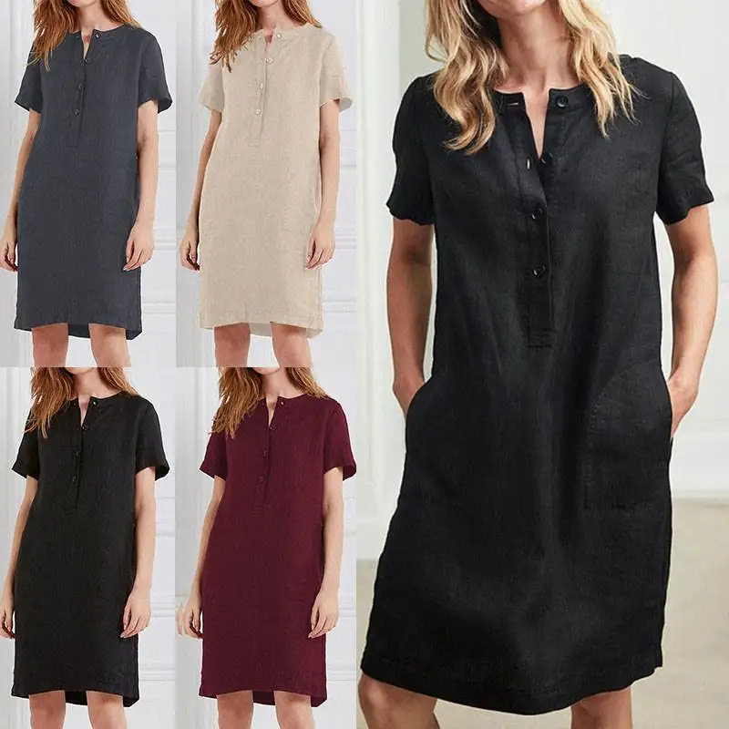 Abito da donna estivo Faion casual allentato Dr round Ne ort Sve con chiusura a bottone singolo Abito da donna H-ape in colore puro