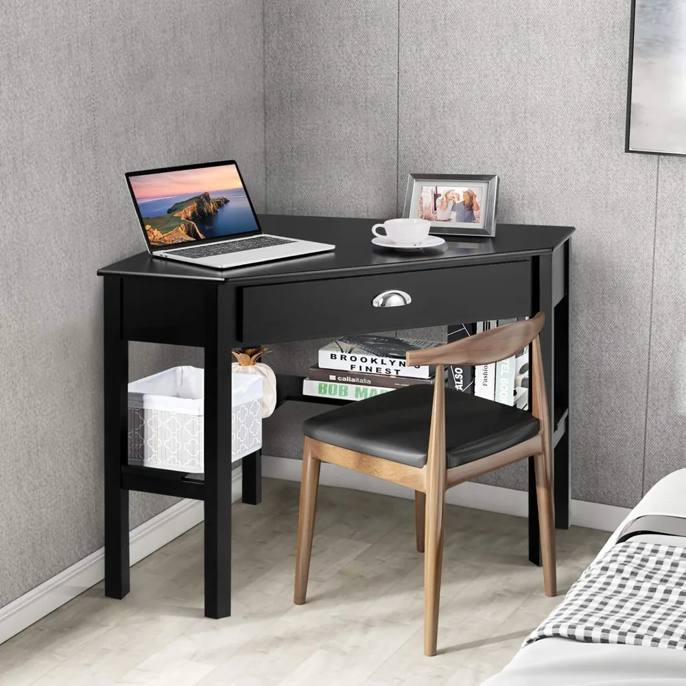 

Computer Corner Desk, Wood Compact Home Office Writing Workstation with Drawer and Shelves, Laptop PC Corner Table for S