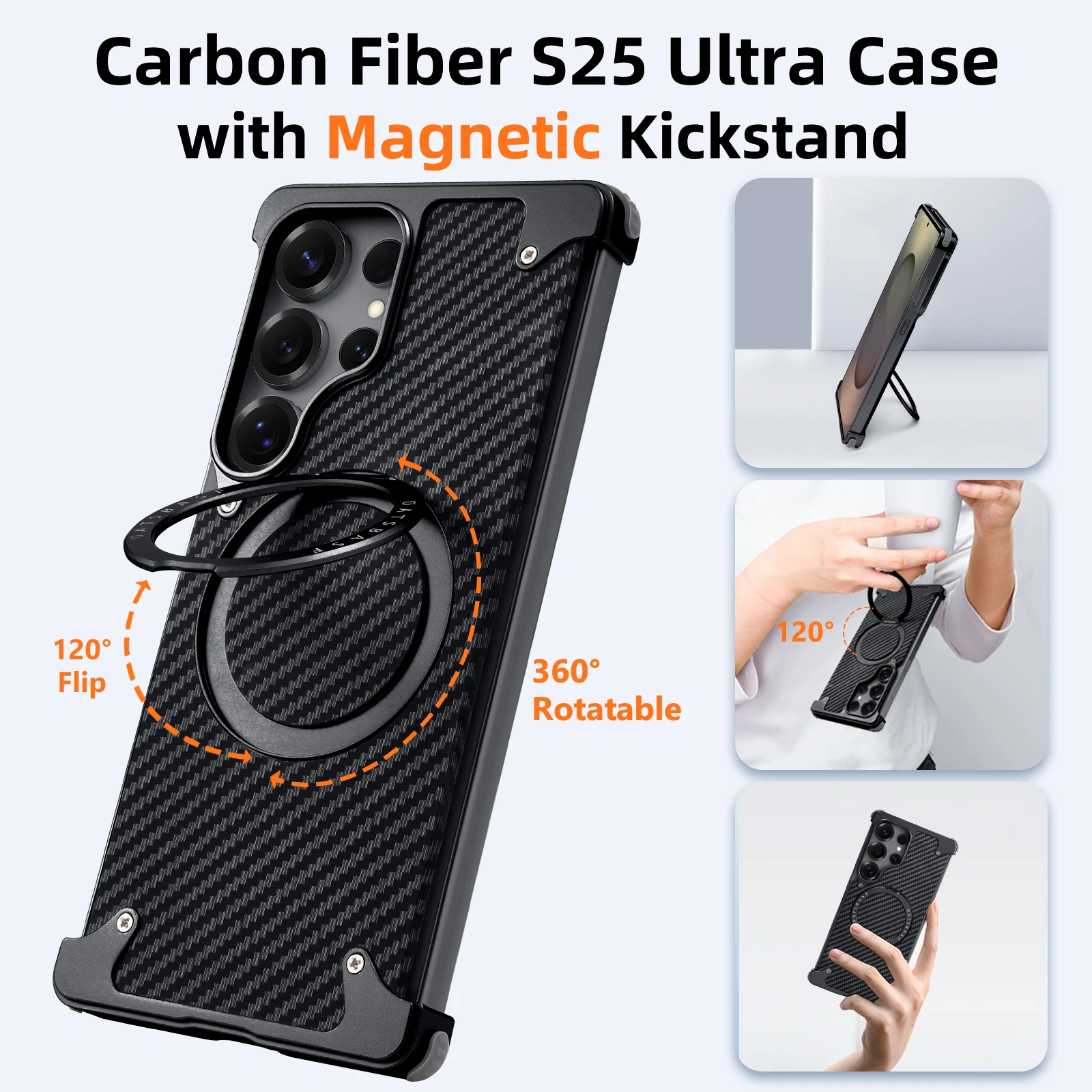 Eary capa de telefone de fibra de carbono para samsung galaxy s25 ultra com suporte magnético giratório 360 moldura magsafe capa protetora à prova de choque