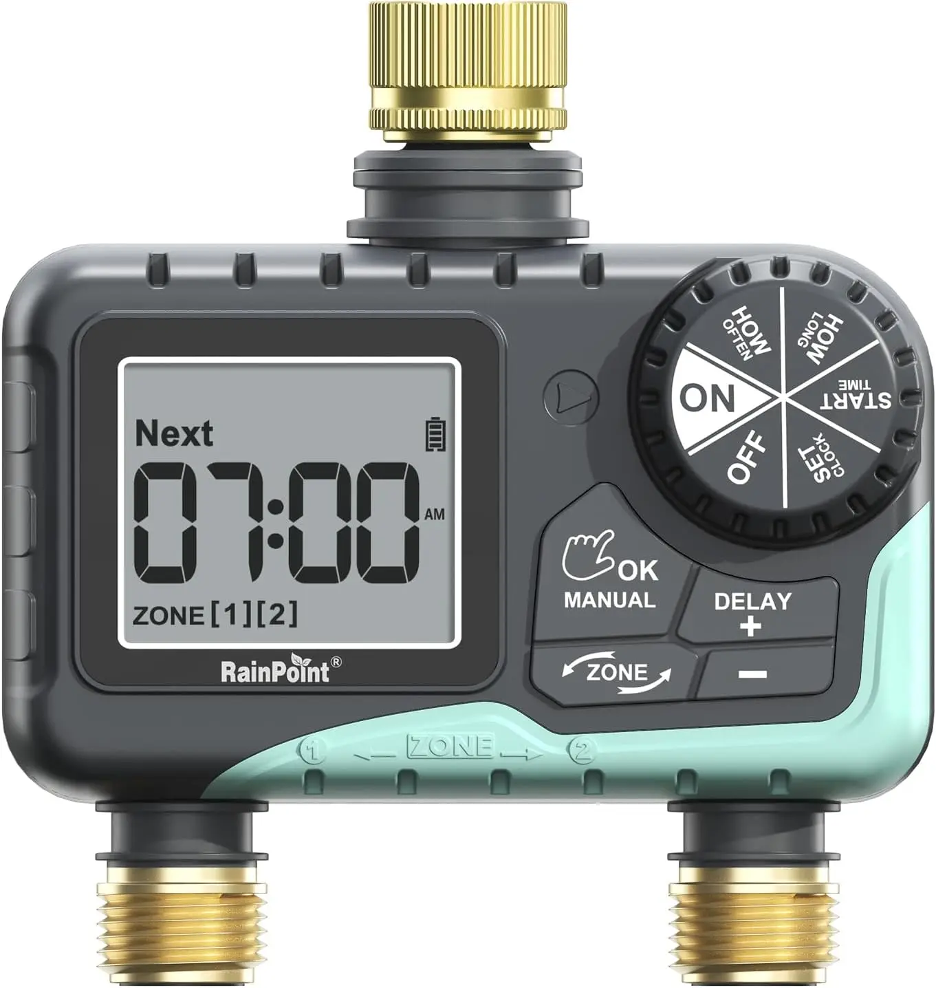 2 Zone Sprinkler Timer with Brass Inlet & Outlet - Water Timer for Garden Hose, Rain Delay, Manual Watering, Automatic Irrigation Controller for Yard Lawn Garden (Blue)