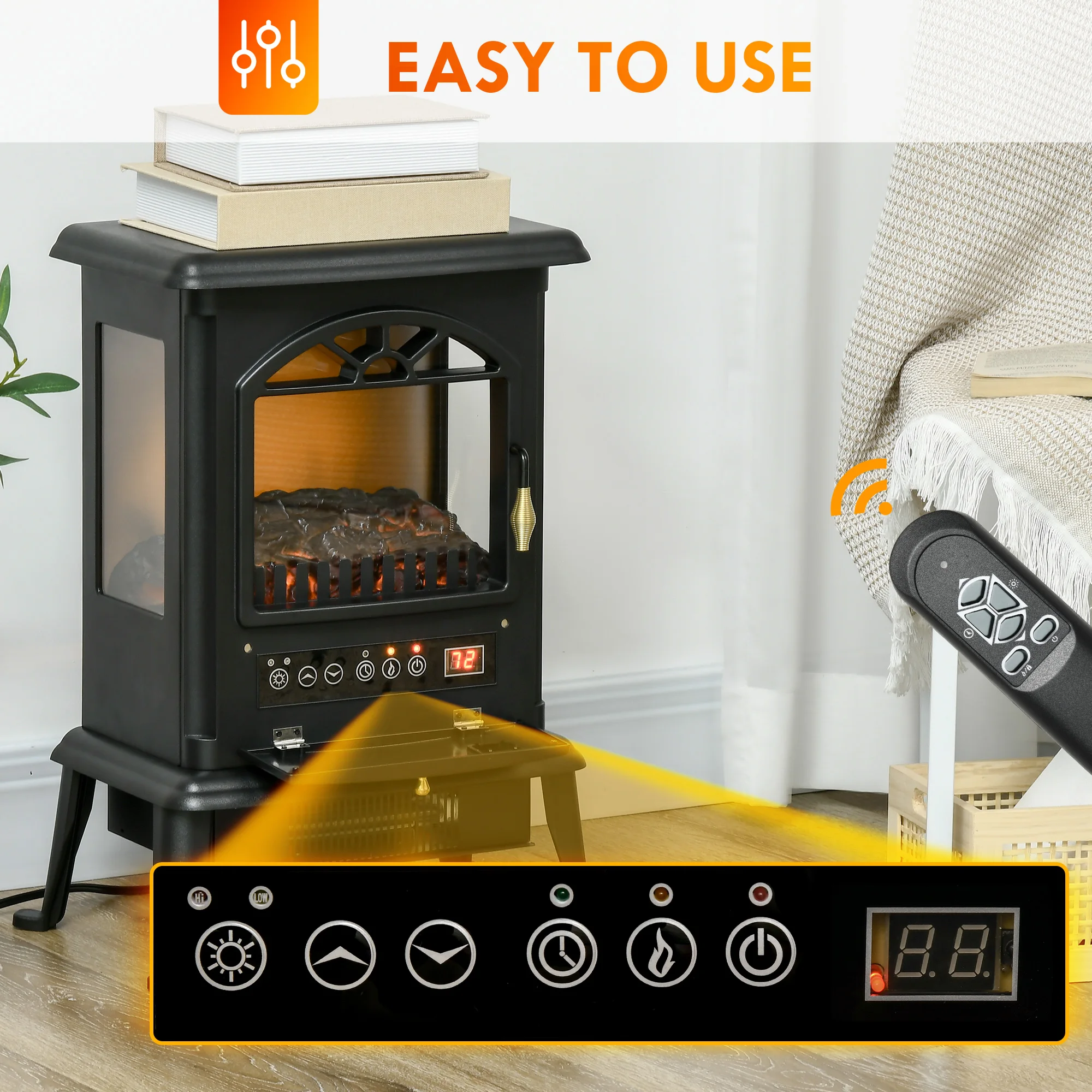 23" Electric Infrared Fireplace Stove, Freestanding Fire Place Heater with Realistic Log Flame, Timer, Black