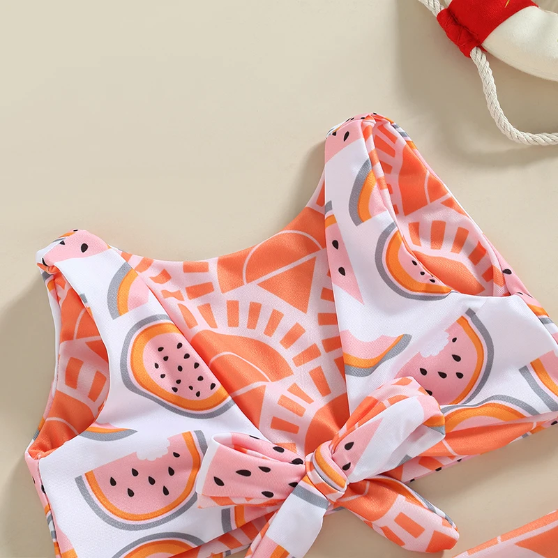 Kid Girl Swimsuit Two Pieces Sets Sleeveless V Neck Watermelon Print Striped Swimwear Summer Swimming Beach Bathing Suit