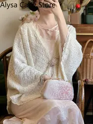 French Vintage Lace Cardigan Shirt Women 2022 Autumn Loose Casual Korean Party Blouses Female Court Retro V-neck Elegant Tops