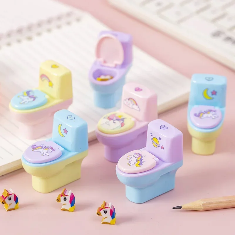 Sacapuntas de papelería kawaii con forma de inodoro creativa, suministros escolares de unicornio de dibujos animados, accesorios de regalo con goma de borrar, 1 pieza