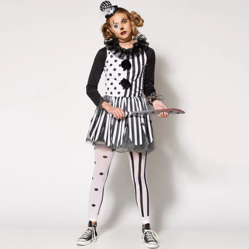 Conjunto de disfraz de payaso aterrador de Halloween para niña, vestido a rayas de lunares, mallas, traje para fiesta, mascarada, celebración, ropa de Cosplay