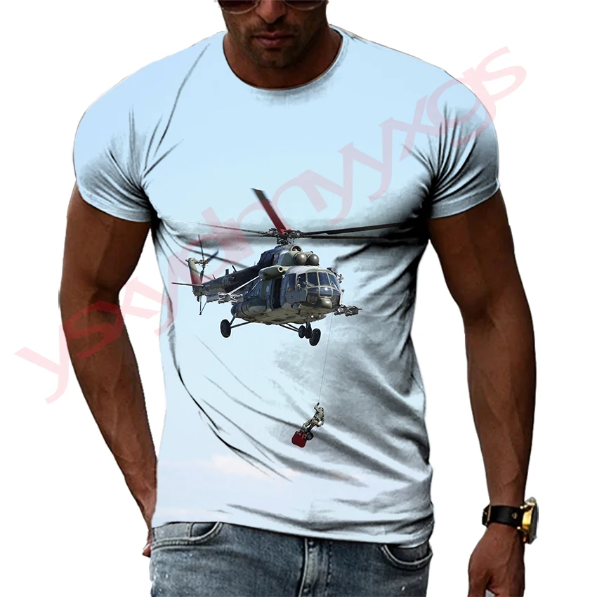 Summer Helicopter Pattern Men\'s T-shirt Hip Hop 3D Print Personality Neck Short Sleeve Fashion Clothes