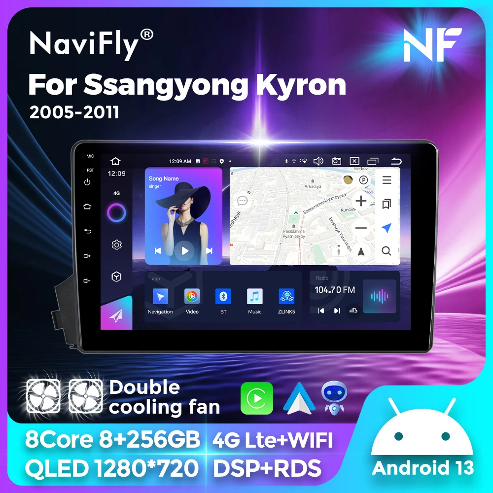 NaviFly 7862S 8G 256G QLED Android All In One Car Radio For Ssangyong Actyon Kyron 2005-2011 GPS Intelligent Systems 2Din Stereo