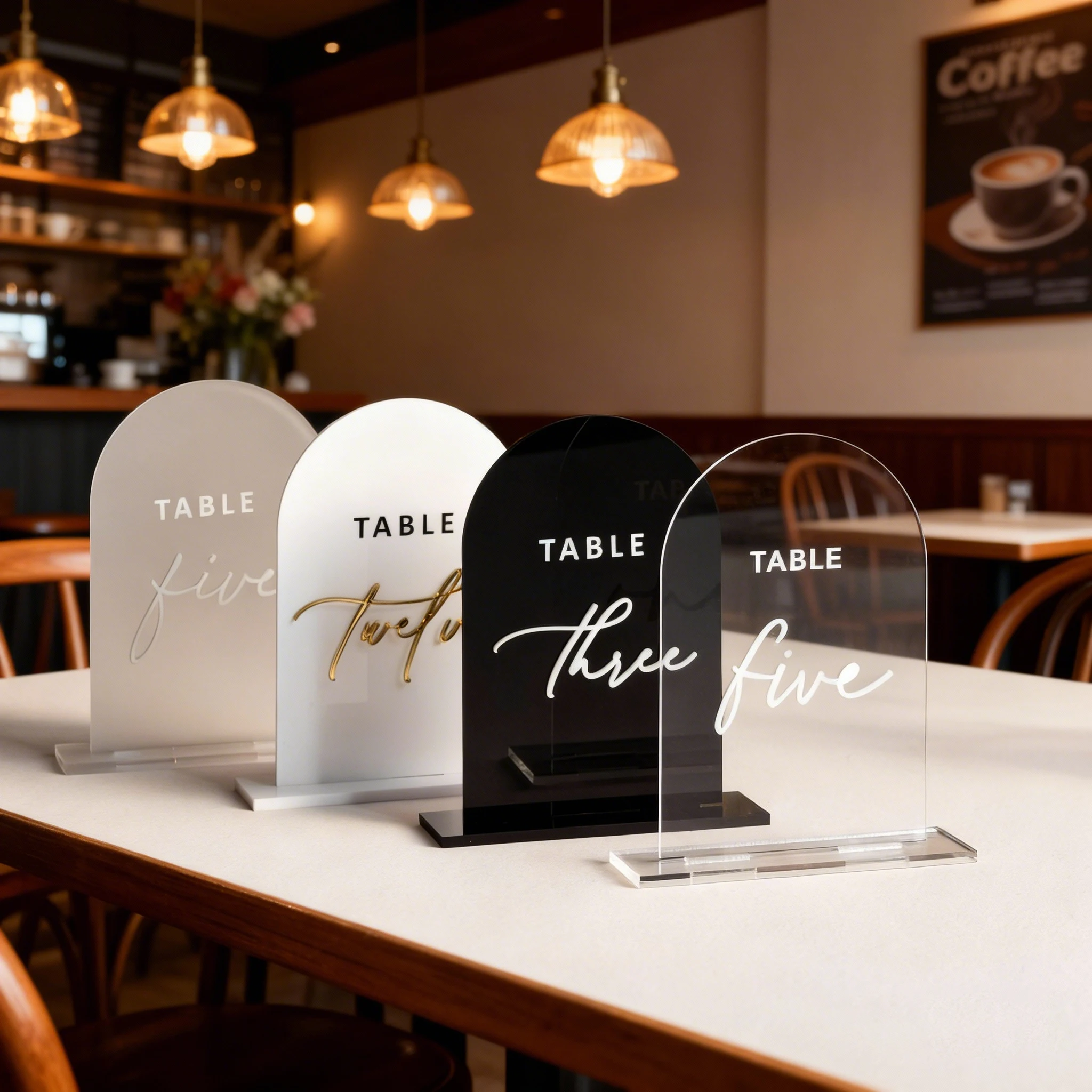

Arched Acrylic Table Numbers White Transparent Gold Label Gold Organic Glass Table Number for Wedding,Parties,Anniversaries