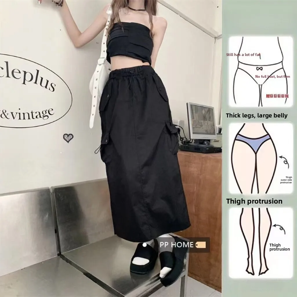 Spring Summer Thin Multi-Pocket Workwear  Skirt Sweet Cool Design Side Drawstring Slit Quick Dry Long Skirt