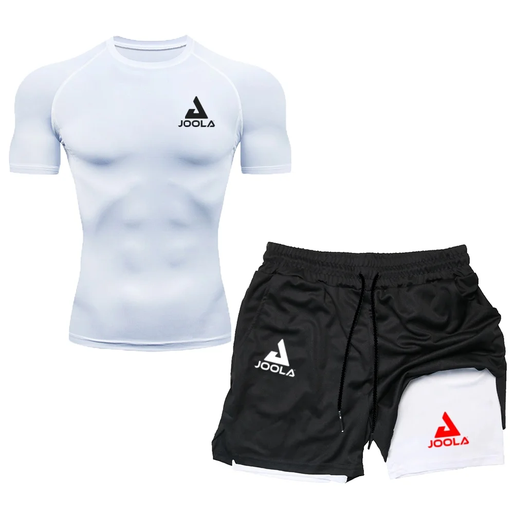 JOOLA Men's Compression Sportswear Set, Breathable Short Sleeve T-shirt + Double Layer Running Shorts, Quick Dry Gym Fitness Tra