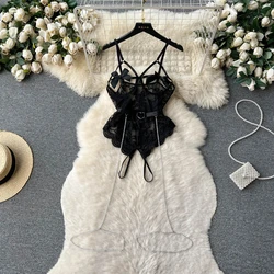 Bow Jumpsuit Women Sexy Hot Floral See-through Lace Bodysuits Erotic Hollow Combination Catsuits Chain Strappy Rompers Bodycone