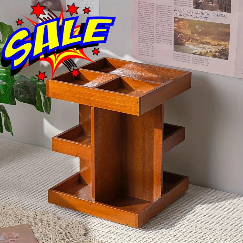 Multi layer rotating retro solid wood tabletop cosmetic rack - saves space - used in bathroom, bedroom and other scenes