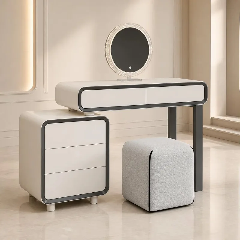 Ivory LED Dresser Set Luxury Bedroom Dresser with Round Mirror Chair and Storage Drawer