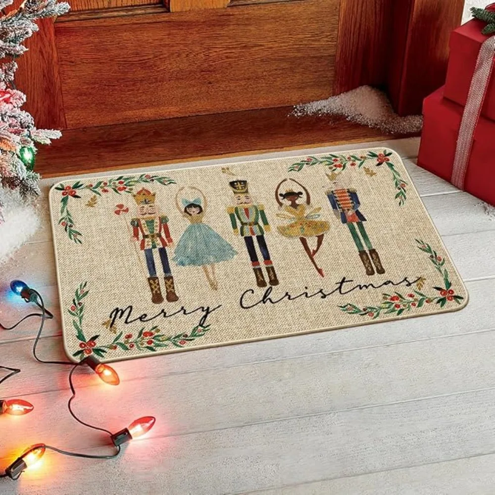 Christmas Carpet Mat Rug Nutcracker Ballerina Design Merry Christmas Text Vintage Linen Floor Mat for Home Decoration Home Mat