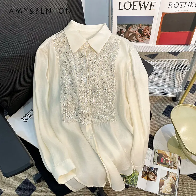 

Korean Style Sequined Long-Sleeved Shirt Women's Spring New French Fake Two-Piece Stylish Blouse Temperament Top Camisas