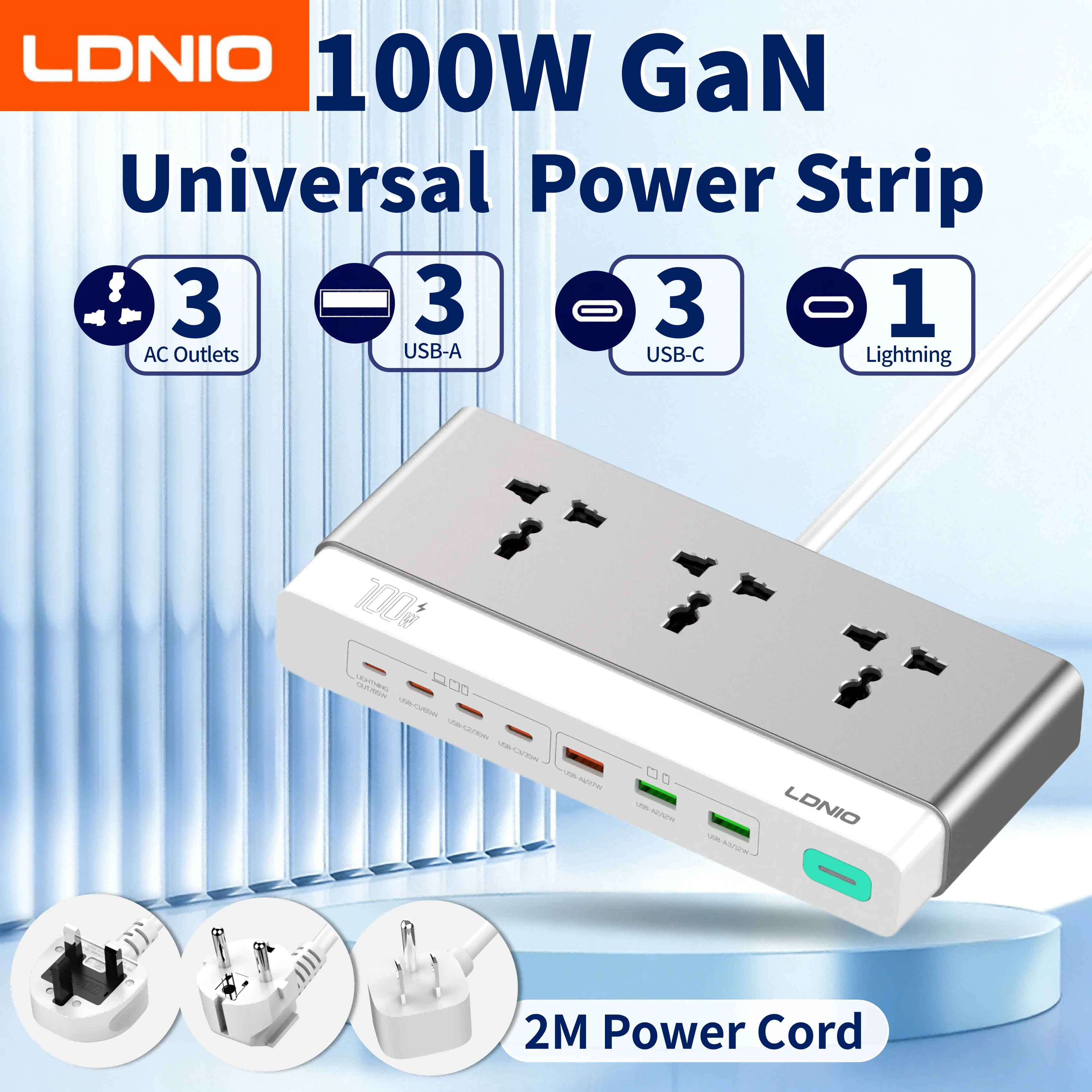 

LDNIO 10-in-1 Desktop Power Strip 100W Fast Charging 3 AC Outlet Power Socket PD QC USB C USB A 2M Power Cord EU UK US KR Plug