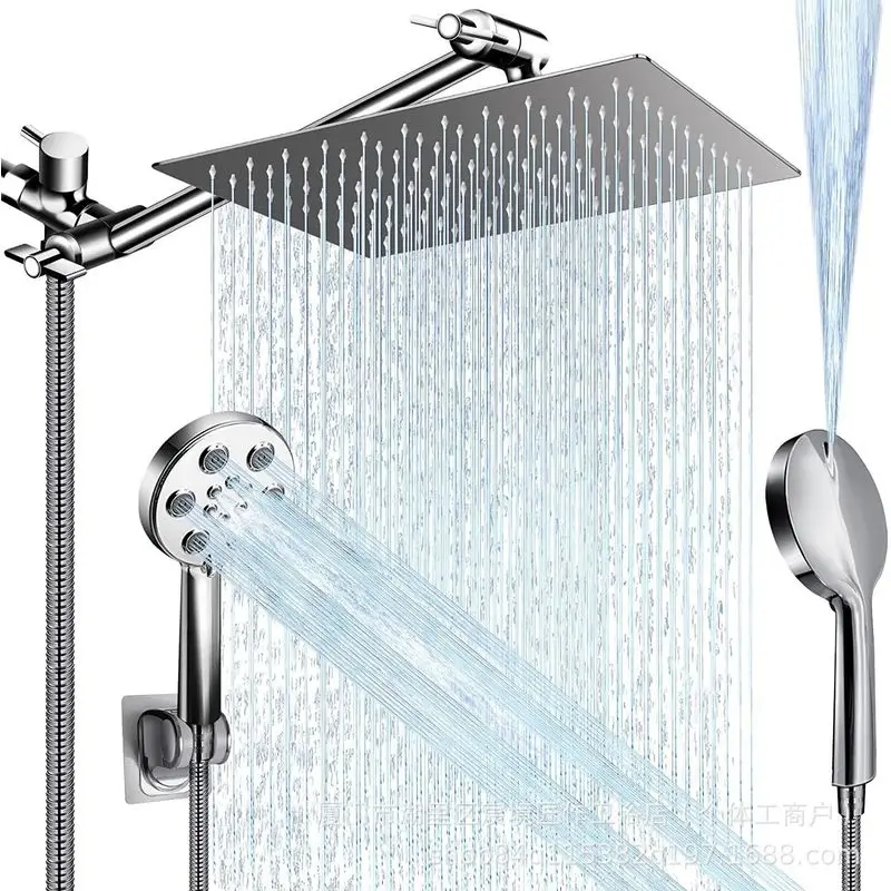Luxury Rainfall Shower System Set Square Head Handheld Sprayer Slide Bar Bracket Hose Complete Bathroom Fixture Kit Chrome view 2