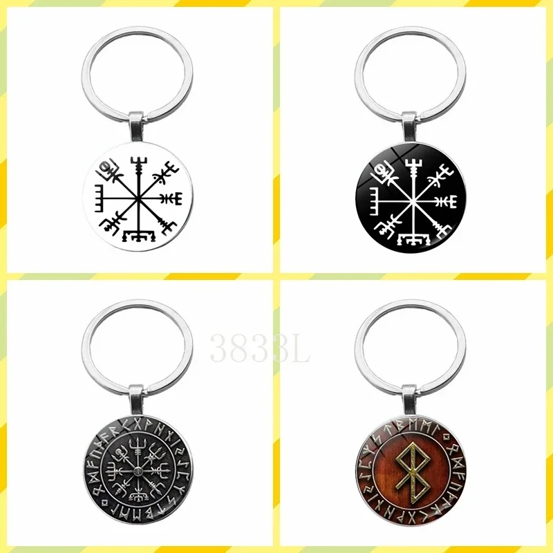 Viking Compass Glass Ball Pendant Key Chain Trinity Nordic Runes Odin Pattern Punk Goth For Men Amulet Keyring