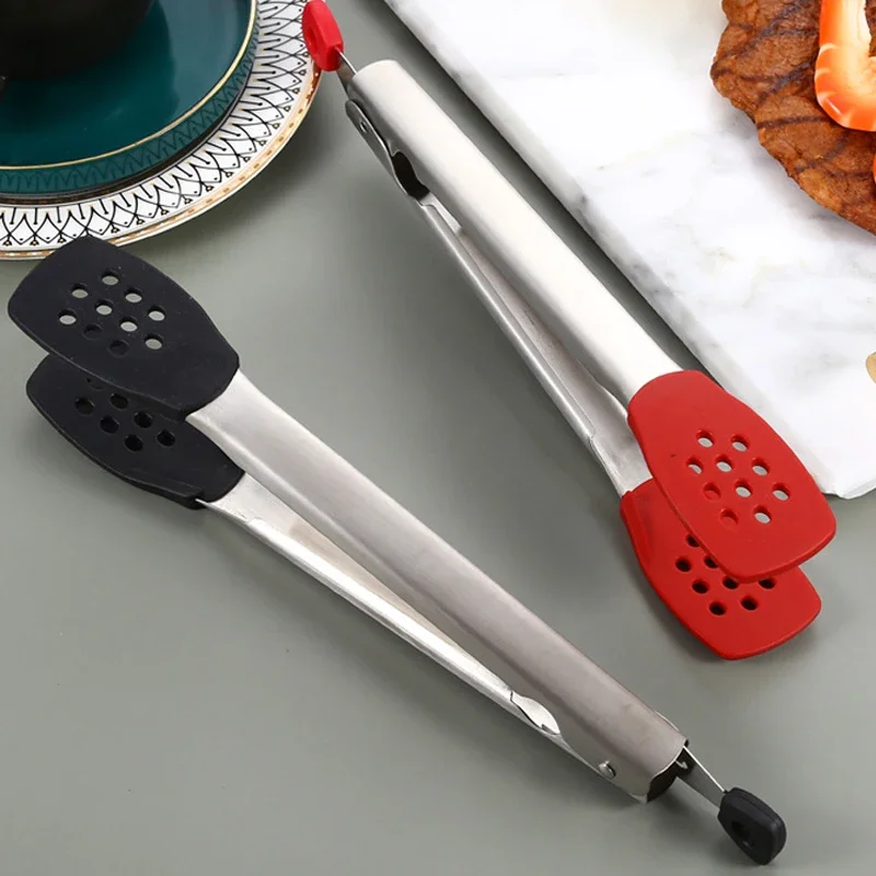 Food Grade Silicone Kitchen Tongs Stainless Steel Handle BBQ Tong Non-Slip Serving BBQ Tong Salad Bread Baking Cooking Clip 2025