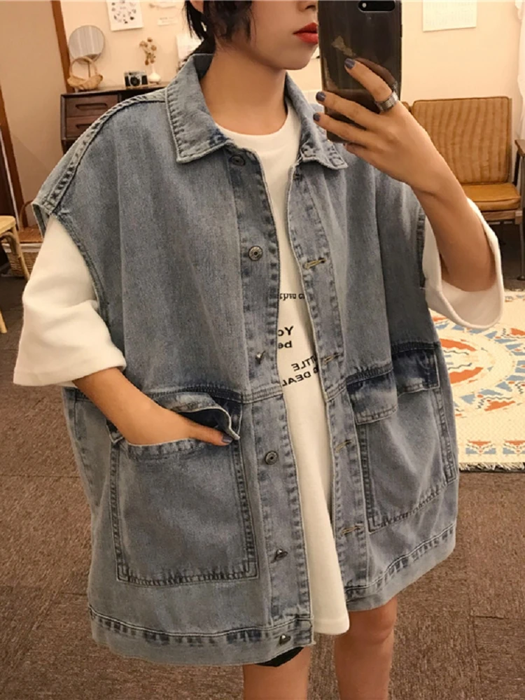 

Универсальный свободный корейский женский джинсовый жилет в стиле ретро, весенне-осенний джинсовый жилет больших размеров, летняя верхняя одежда