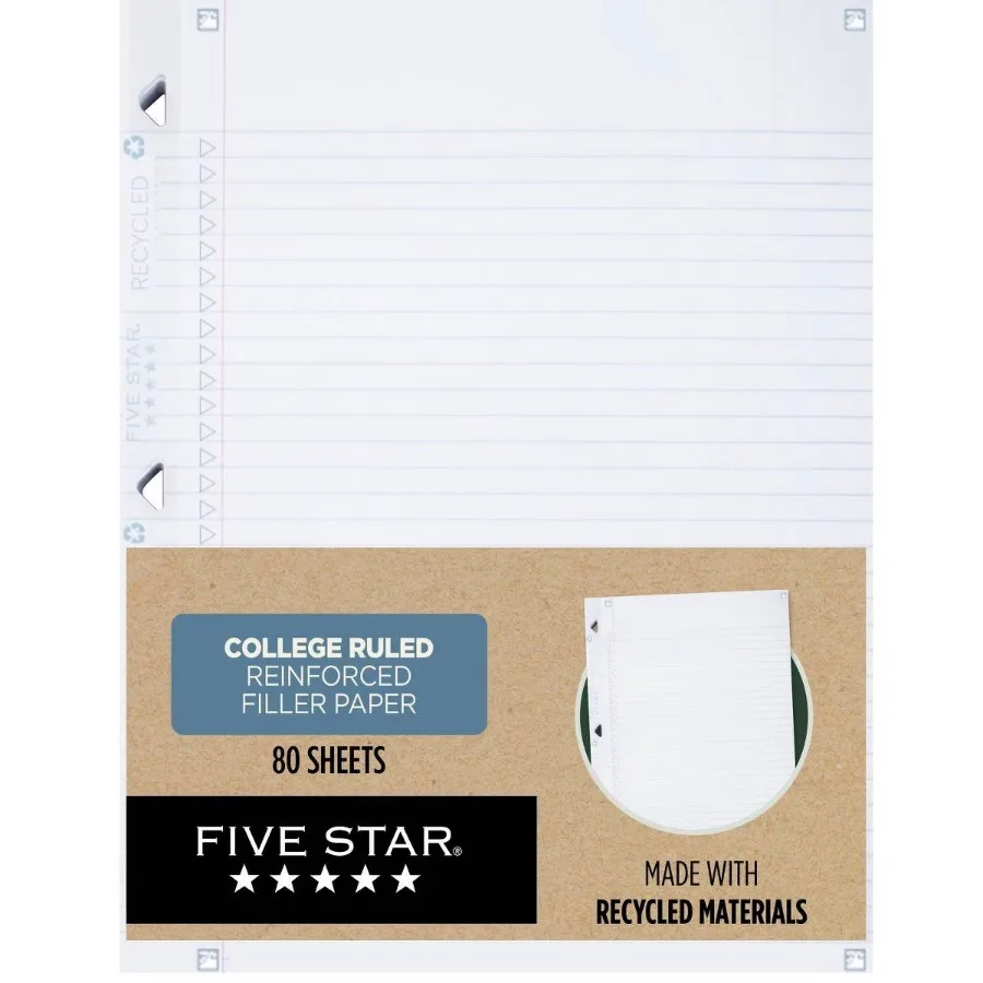 80 Count College Ruled Recycled Reinforced Loose Leaf Filler Paper, 8.5 x 11 Inch, 100% Recycled White Notebook Paper, School Stationery