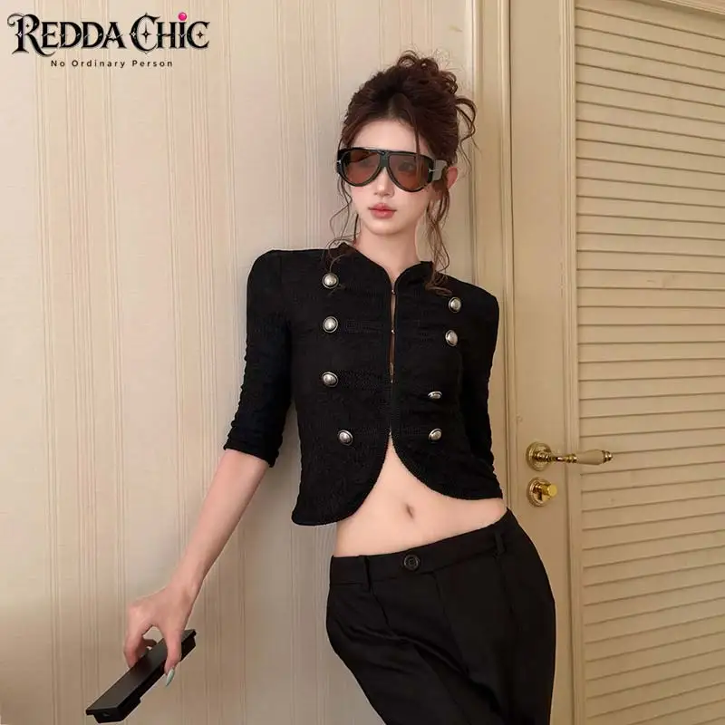 ReddaChic Sexy Lace Hollow-out Women Shirt Royal Slim Fit 3/4 Sleeve Double-breasted Collarless Crop Top Vintage Fall Clothes