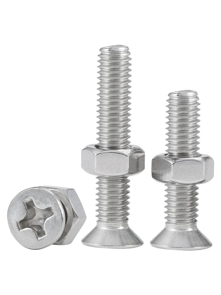 M2 M2.5 M3 M4 304 Stainless Steel Two-piece Screw Nut Set Cross Phillips Countersunk Flat Head Bolt Hexagon Nut Combination Set
