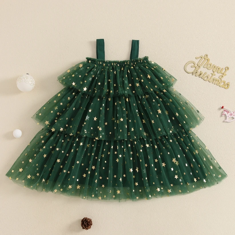 1-9Y Little Girl Christmas Dress Star Print Square Neck Sleeveless Layered Tulle Mesh Lace  Dress with Plush Ball Xmas Costume