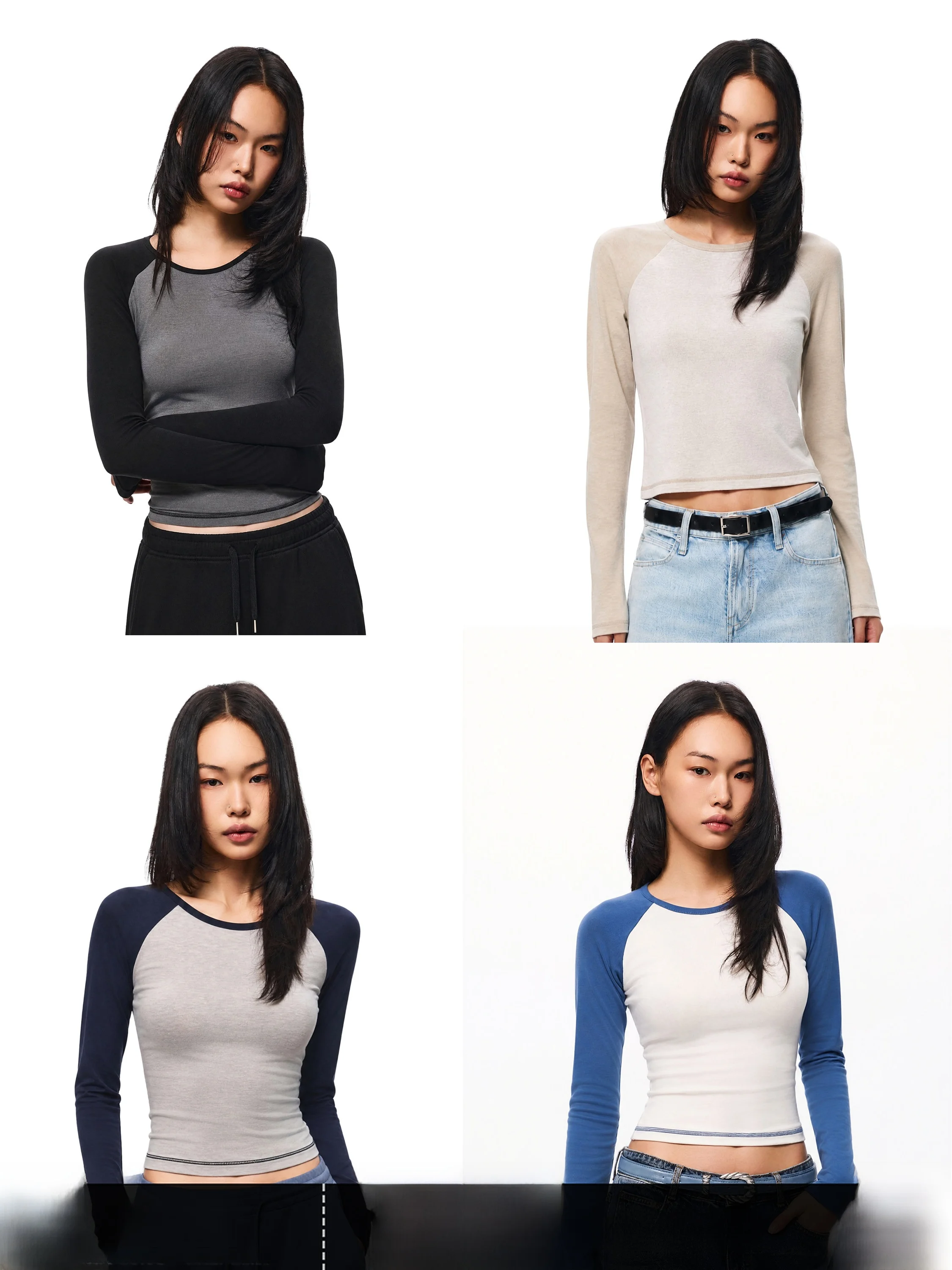 Comfortable Vintage Color Block Long Sleeve T-Shirt Women's Slim Fit V-Neck Short Length GOGO BURN Lyocell Wool Shoulder Inse...