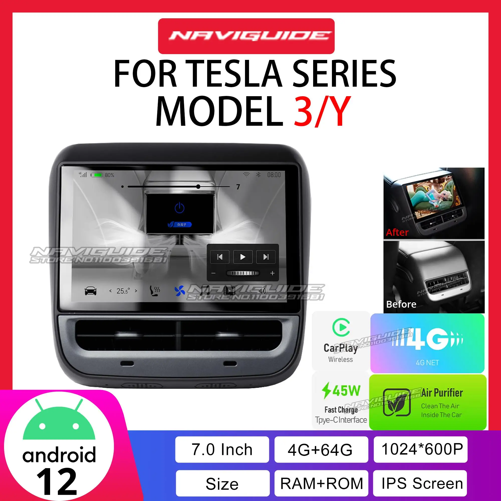 NAVIGUIDE 7Inch 2+32G Android12 For Teslal Model 3 / Y Carplay Rear Display Pane Air Conditioner Control 1024*600 4G Wifi Screen