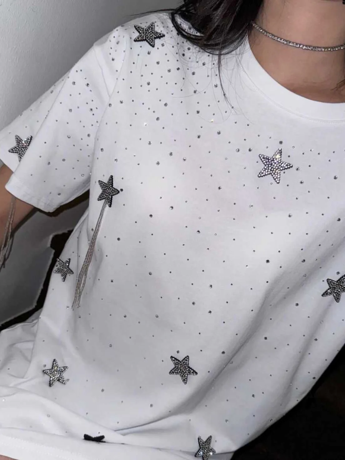 2025 verão feminino céu estrelado diamante quente estrela de cinco pontas manga curta borlas camisetas femininas soltas médio longo algodão topos