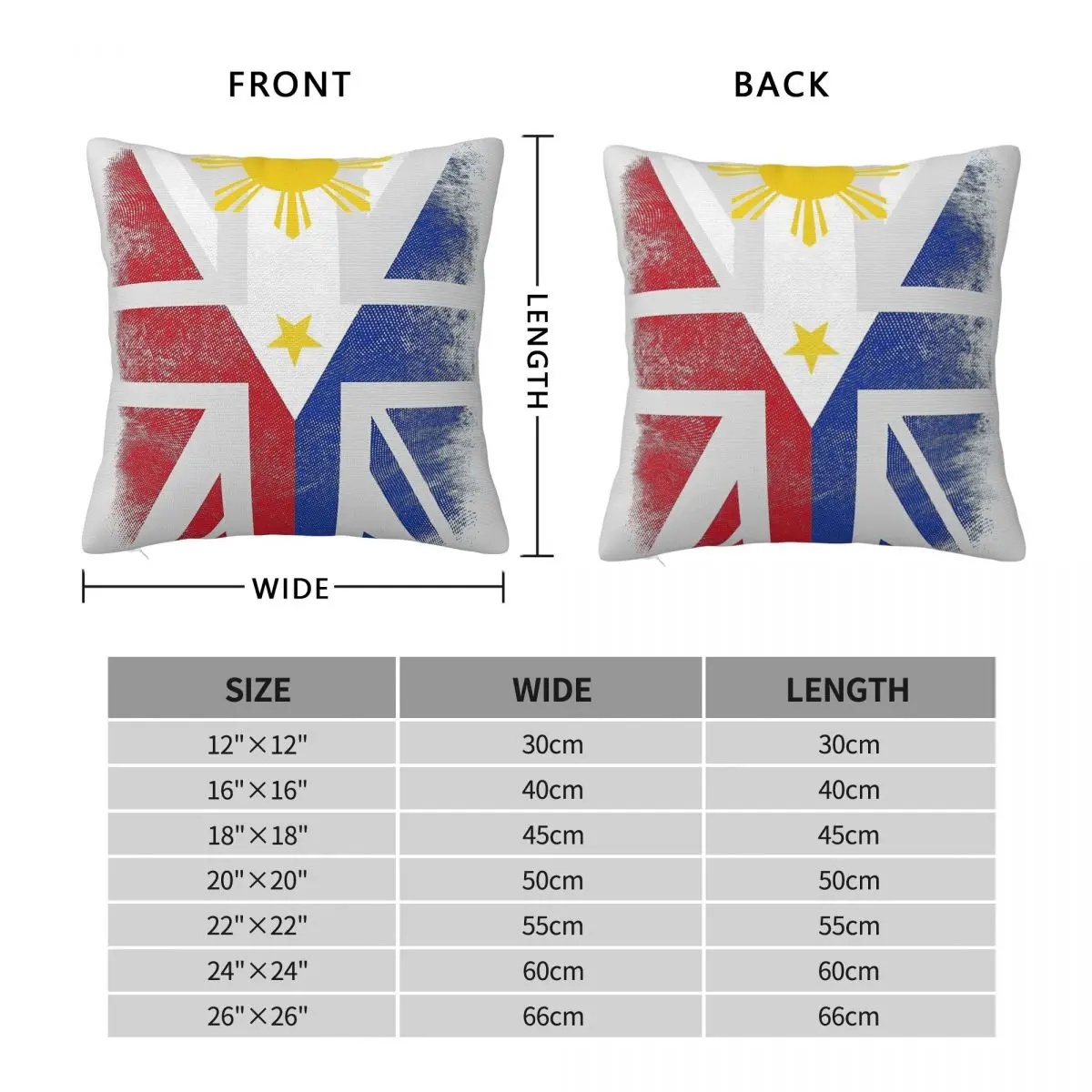 British Filipino Flag Square Pillowcase Polyester Linen Velvet Pattern Zip Decorative Sofa Cushion Cover