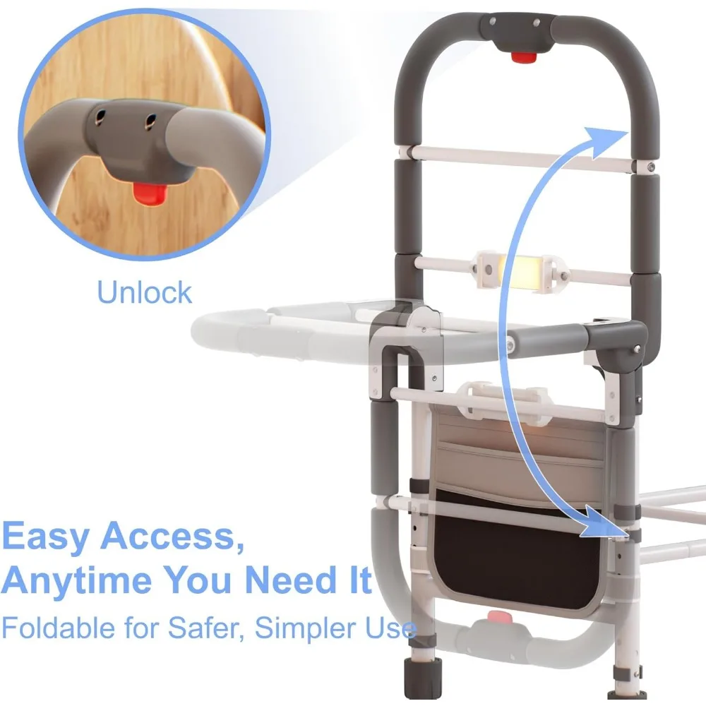 Foldable Bed Safety Rail with Adjustable Height, Non-Slip Handle, Motion Sensor Light & Storage Pouch for Elderly Support