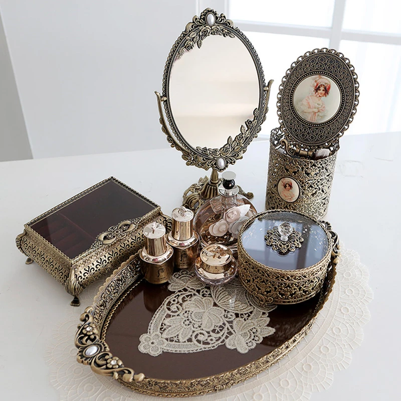 

Korean Desktop Storage Tray Exquisite Lace Inlaid Handmade Storage Organizer Tray Retro Luxury Home Decoration Craft Ornaments