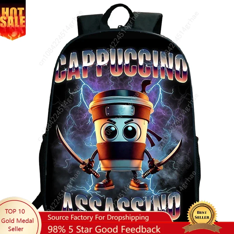 Funny Italian Brainrot Printed Backpack for Boys Girls Cappuccino Assassino Schoolbag Kids Bookbag Italian Brainrot Bags Mochila