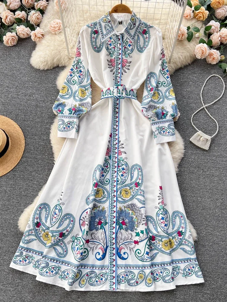 Women Vintage Printed Party Dress High Waist Breasted Dress Long Sleeved Elegant Dresses Slim A-line Shirt Dress Vestidos