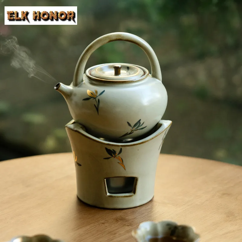 Antique Kiln Pure Hand-painted Bamboo Tea Warmer Holder Alcohol Burner Stove Kettle Stand Baked Milk Jar Carbon Furnace Tea Set
