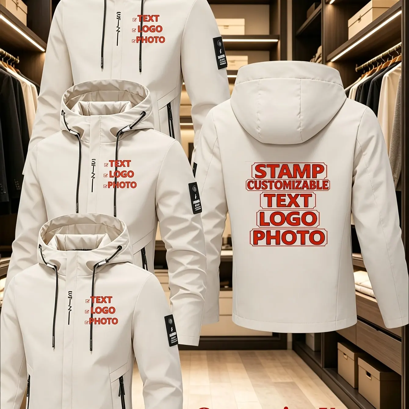 3-piece custom team workwear jacket with logo-printed hooded coat suitable for stores, exhibitions, and team-building events
