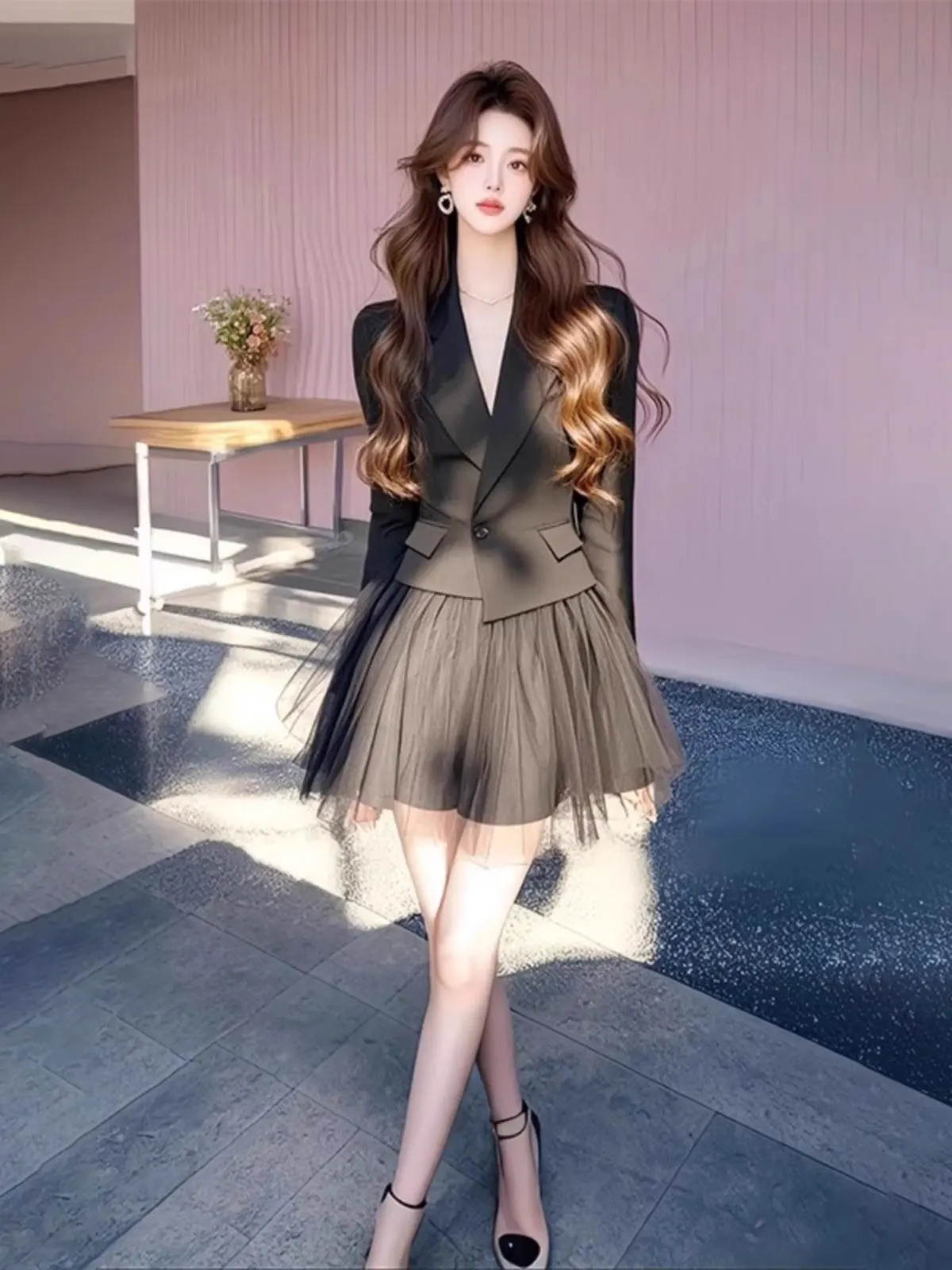 

Plus Size plus Size Bla Suit Jaet And Skirt Two Piece Set Women's Spring New Sle Hepburn Sle Slimming Outerwear Ensemble