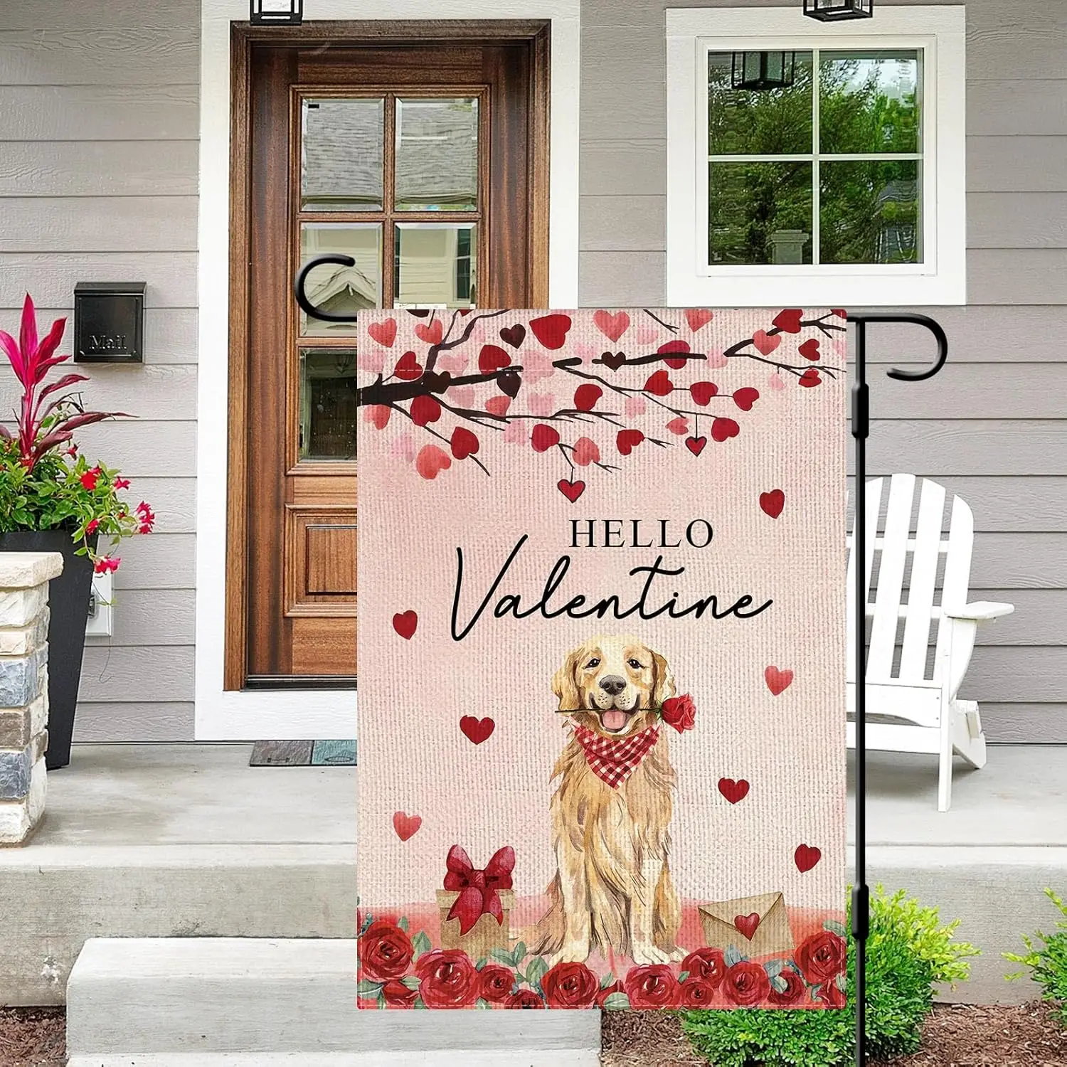 DLZDN Hello Valentine Dog Garden Flag Love Heart Golden Retriever Flag 12×18 Inch Double Side Vertical Burlap Farmhouse Yard EEZ