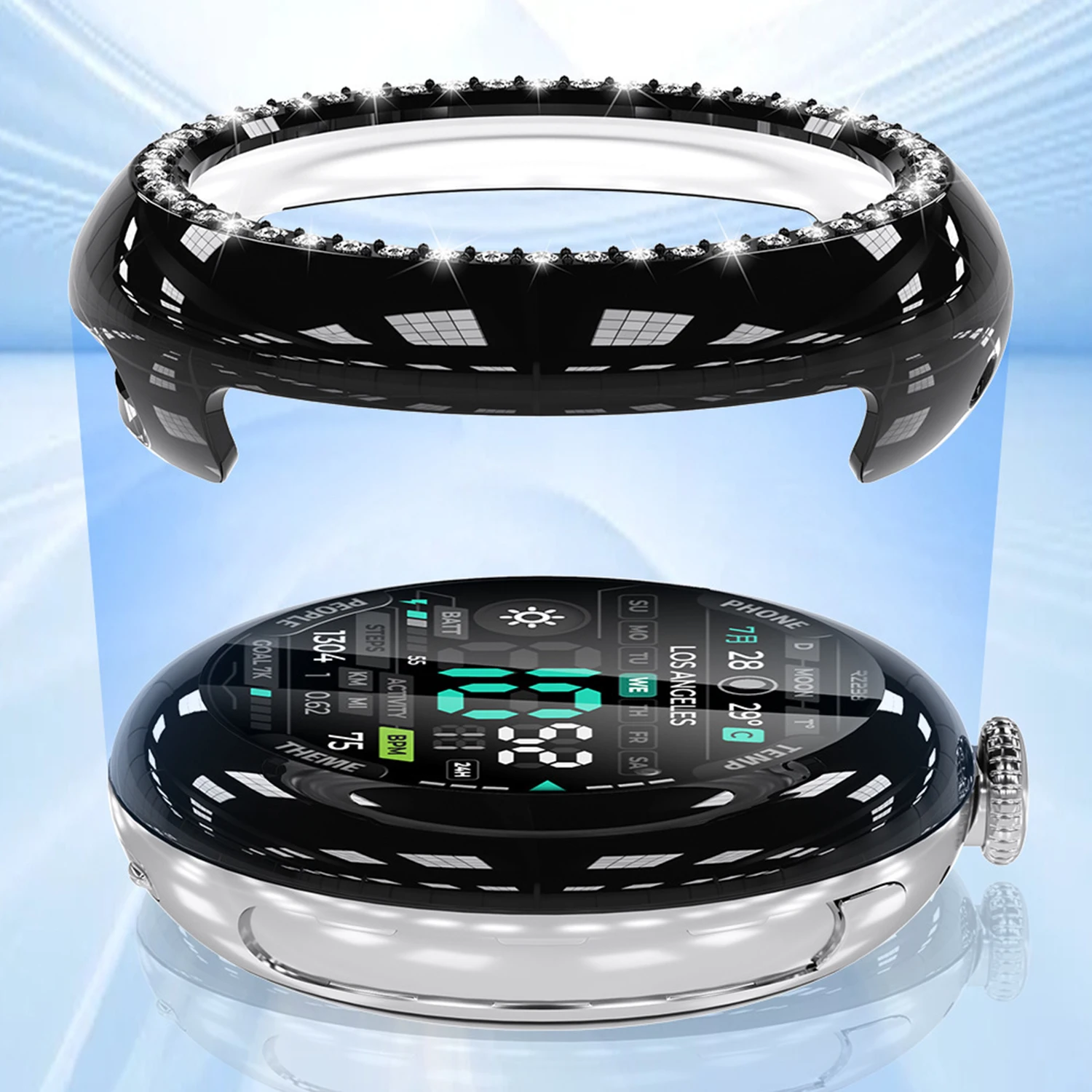 Per Google Pixel Watch 4 Custodia da 41 mm Cover per orologio per PC con design cavo decorativo con strass a fila singola - Trasparente