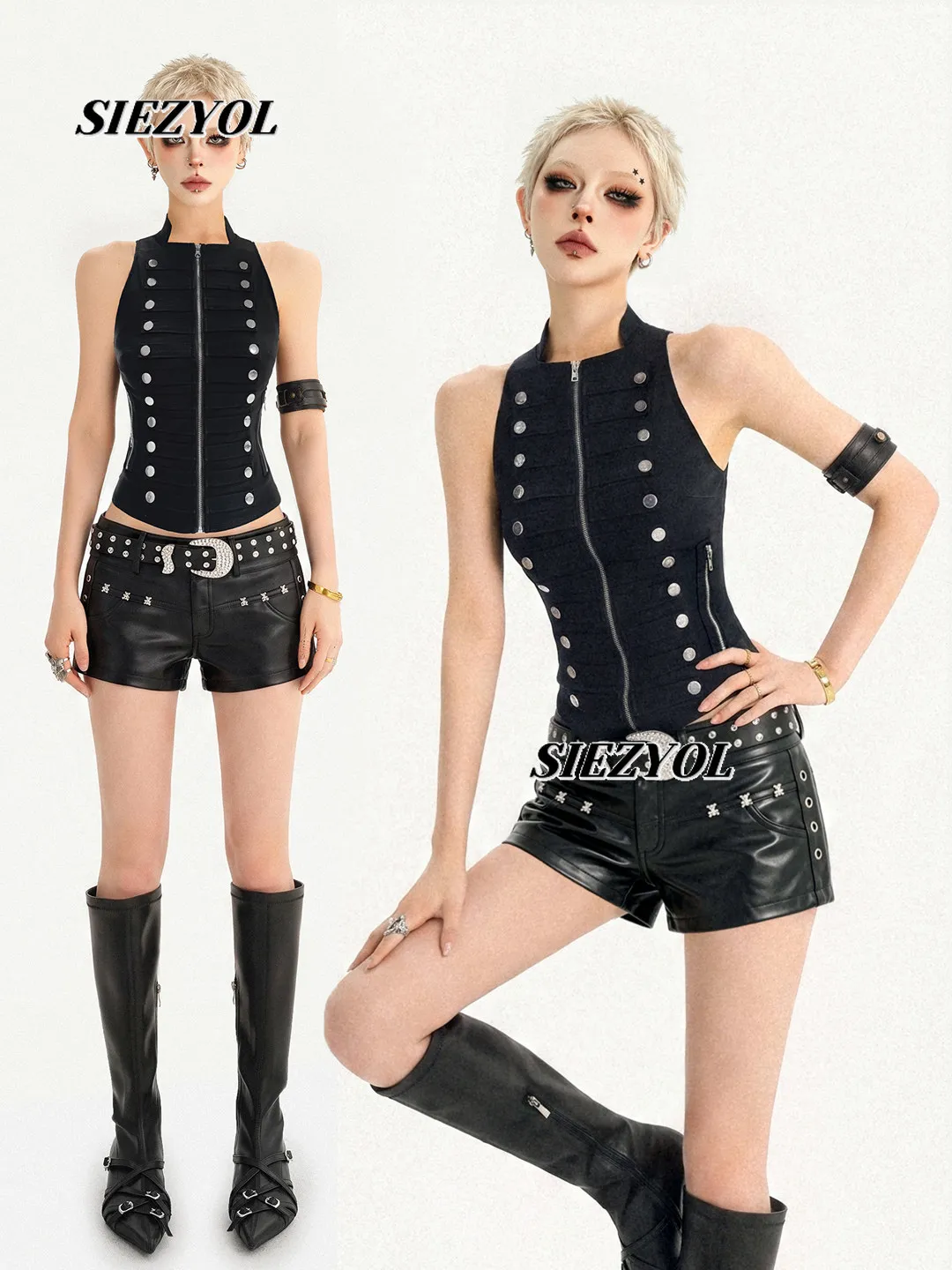 American Punk Style Outer Wear Double-breasted Sleeveless Vest Sweet Cool Female Black Zipper Slim Fit Sexy Hottie Tank Tops