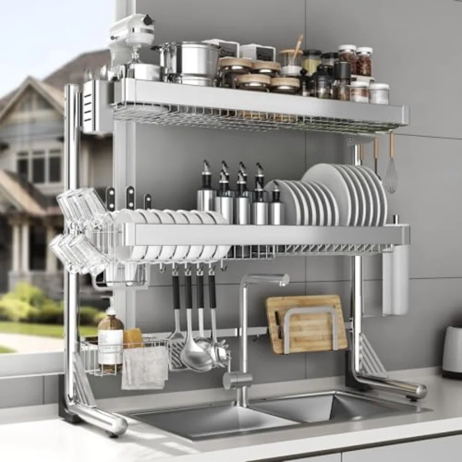 Over The Sink Dish Drainer Drying Rack 3 Tier, Full Stainless Steel, Silver, Adjustable Length 20.9''-37.4'', Space-Saving Kitc
