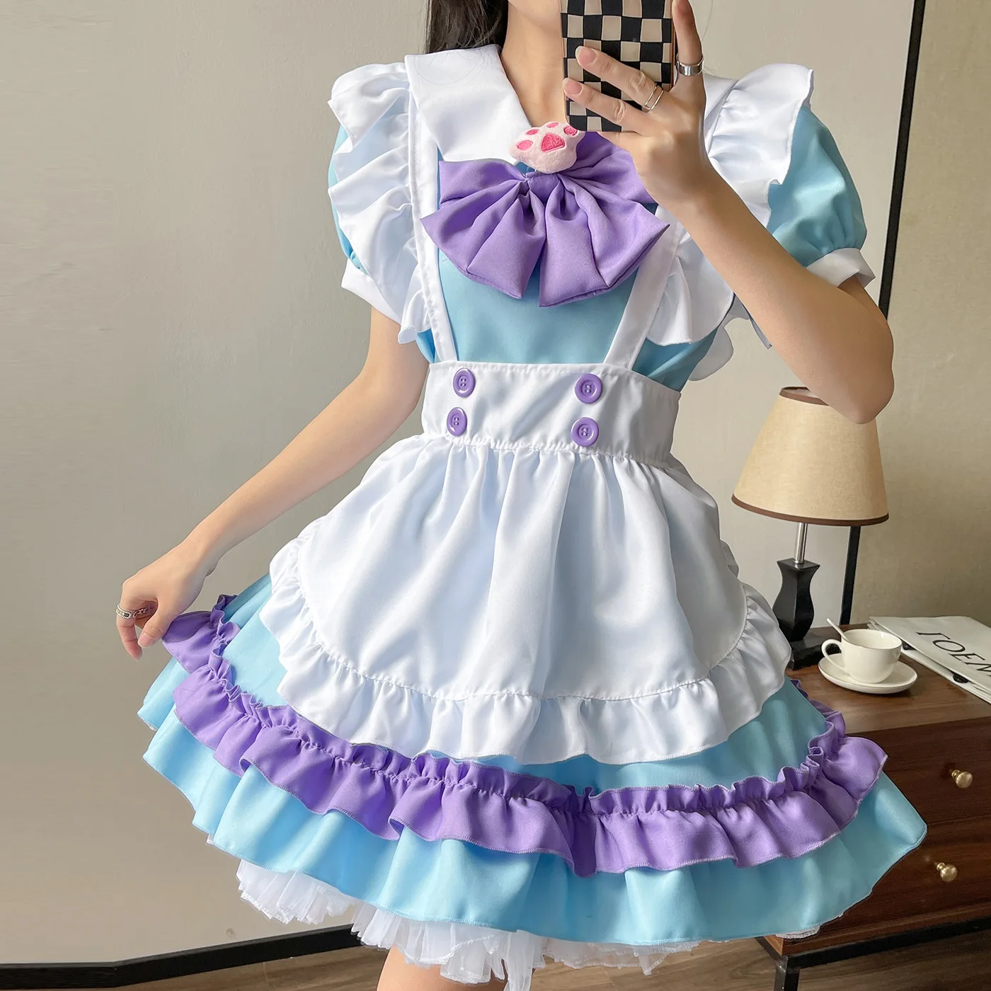 Disfraz de sirvienta Lolita, vestido colorido con lazo, Cosplay de talla grande, falda dulce suave para niña japonesa