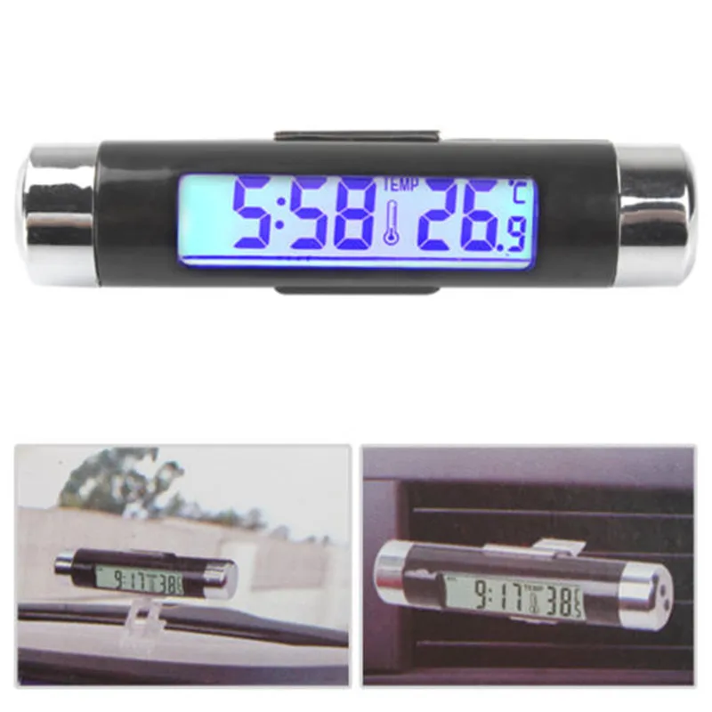 2 in 1 Car Auto Thermometer Clock Calendar LCD Digital Display Screen Clip-on Digital Blue Back Light Automotive Accessories