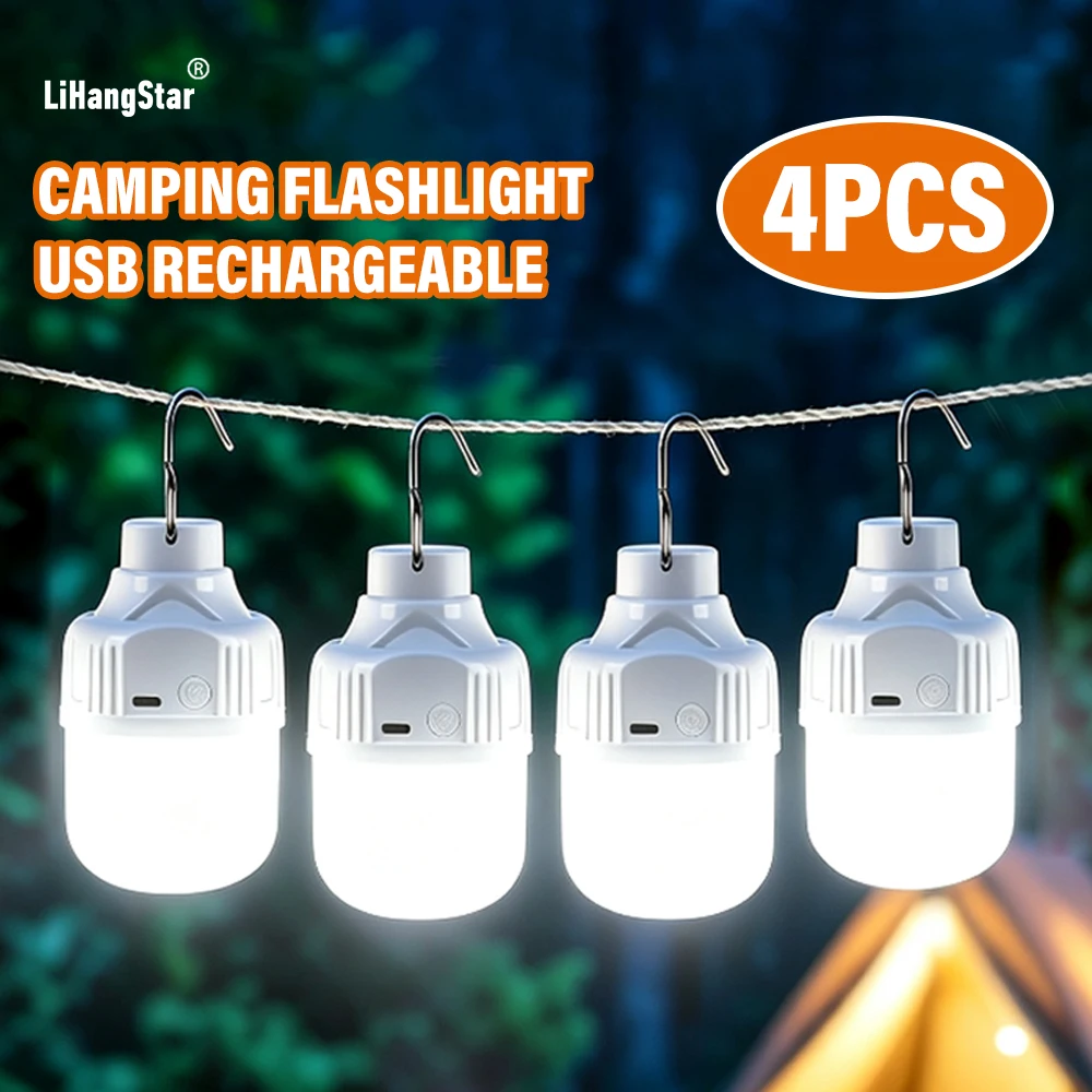 LiHangStar 4-teiliges, per USB aufladbares Camping-Licht-Set, Laternen mit Haken, tragbare Zeltlampen mit 3-stufiger Dimmfunktion, Handlampen – ideal für Camping im Freien, als Notfall-LED-Lampen bei
