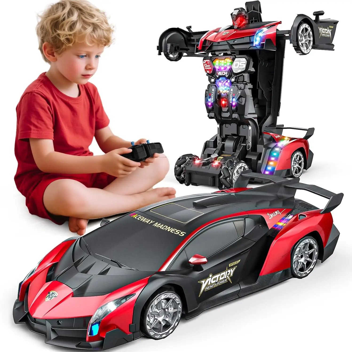 Holyton 1:10 Transforming RC Car, Large Gesture-Sensing Remote Control Car with One-Button Transformation, LED Lights, Fog Spray