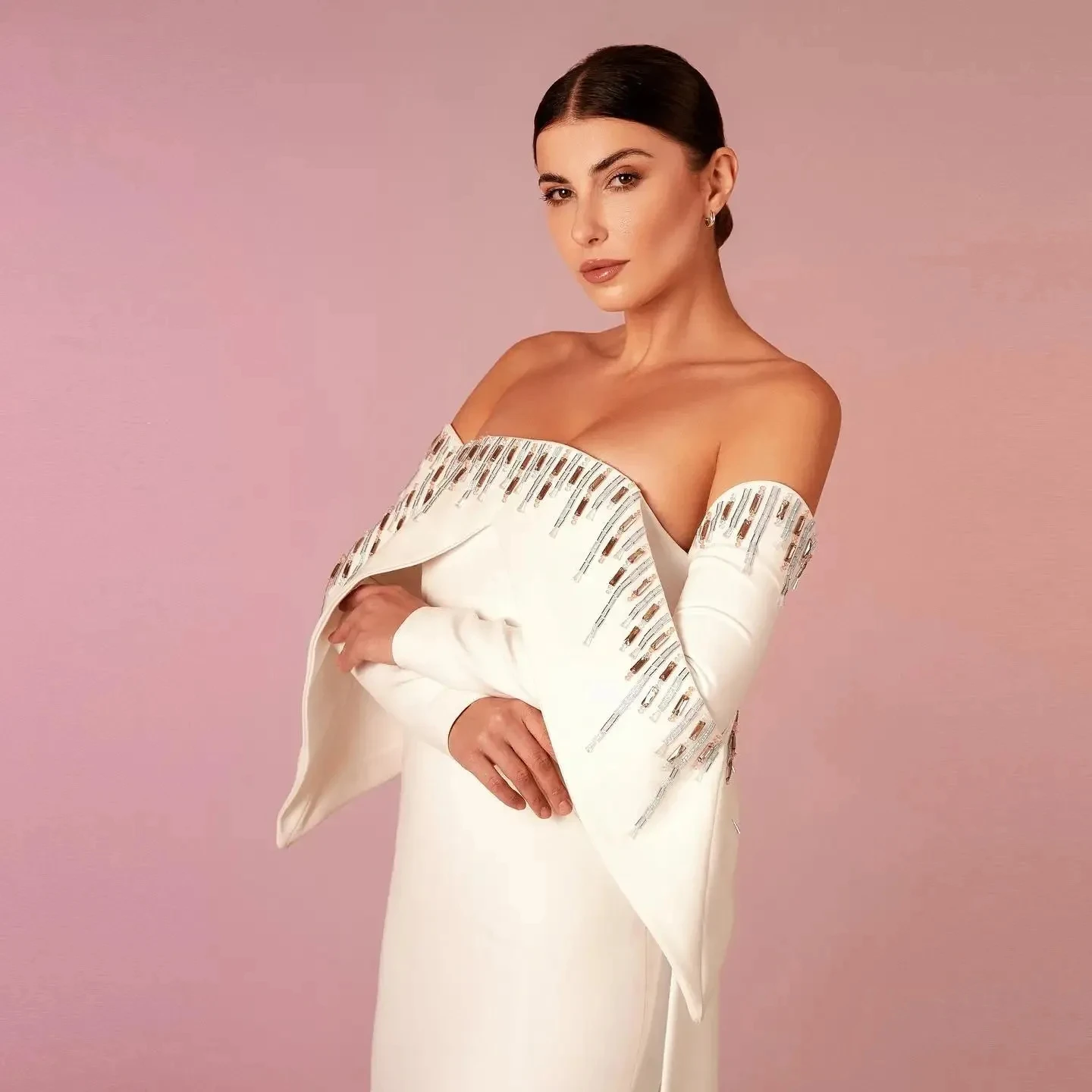 Elegant Beige White Evening Dresses with Cape Long Sleeves Off Shoulder For Arabic Women Wedding Birthday Party Formal Prom Gown